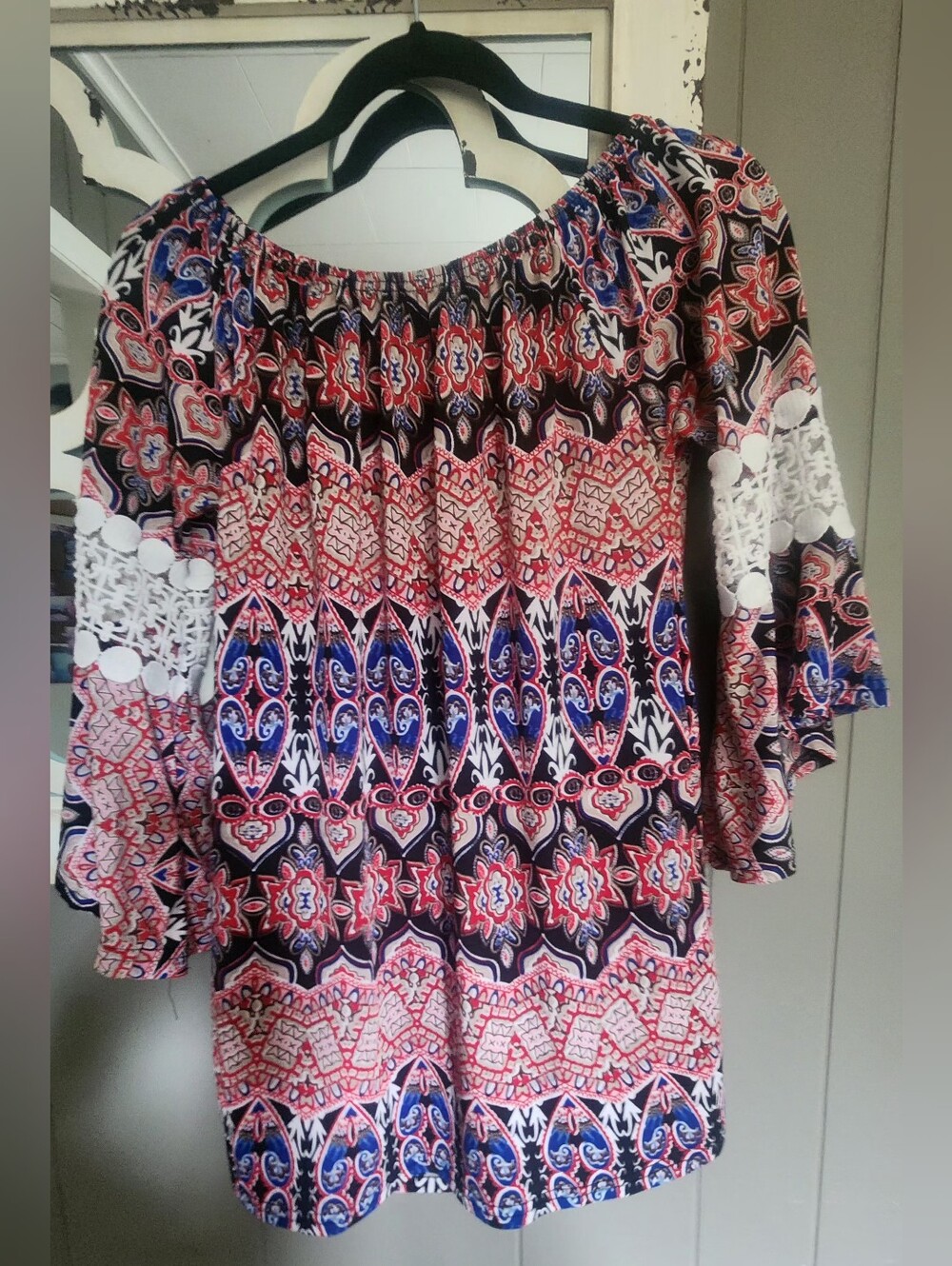 Women's Off-Shoulder Printed Blouse with Lace Trim — Red, Blue & White